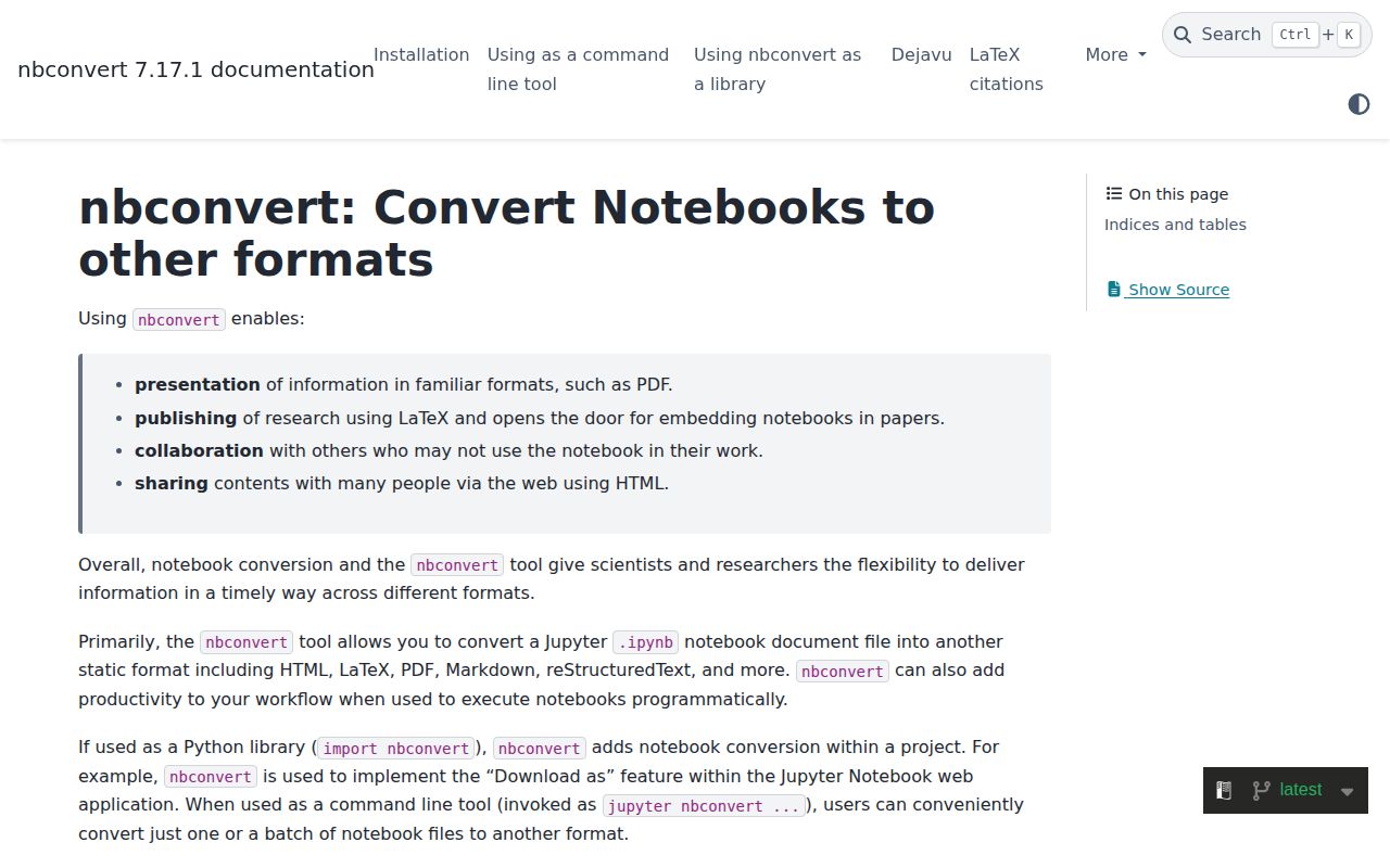 Screenshot of nbconvert documentation