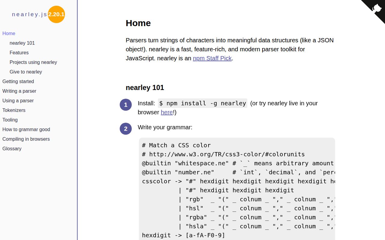 Screenshot of nearley documentation