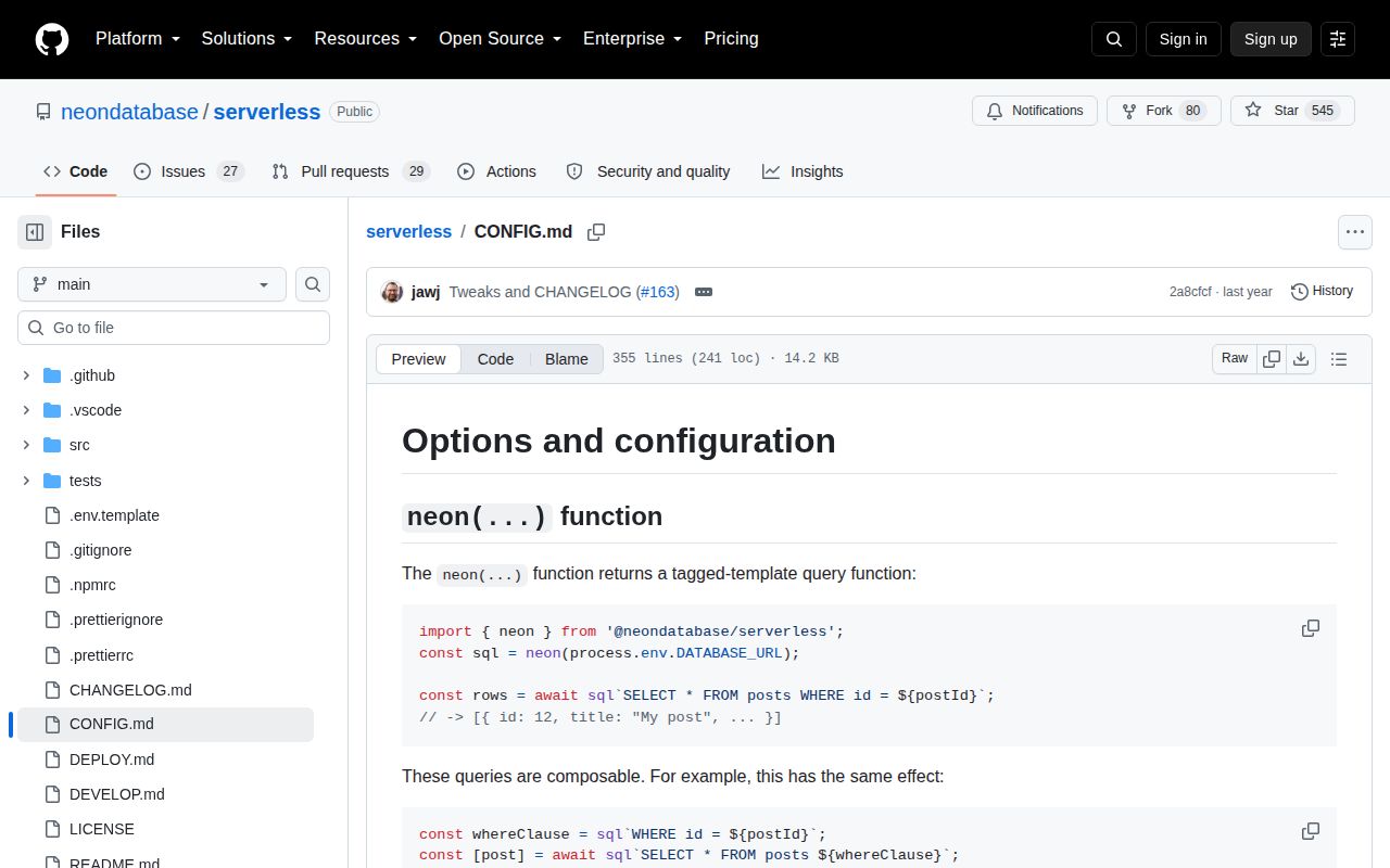 Screenshot of @neondatabase/serverless documentation