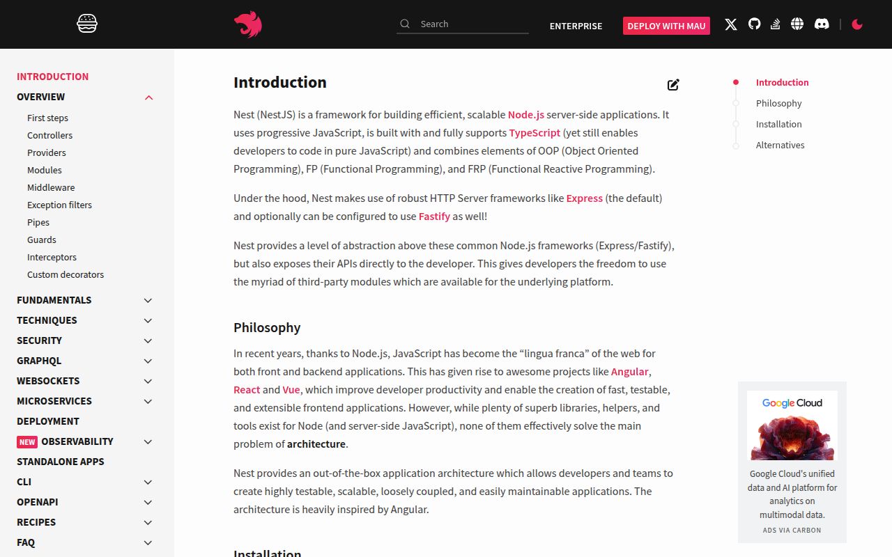 Screenshot of @nestjs/core documentation