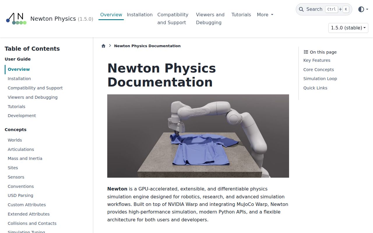 Screenshot of newton (newton-physics.github.io/newton/stable)