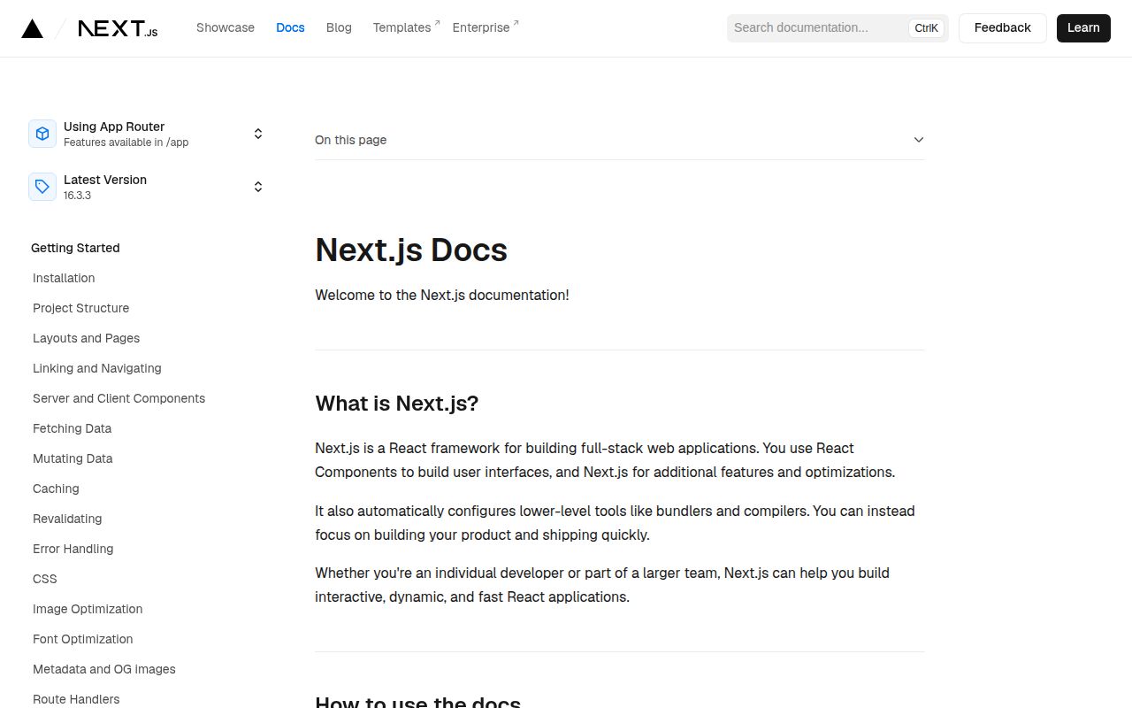 Screenshot of next documentation