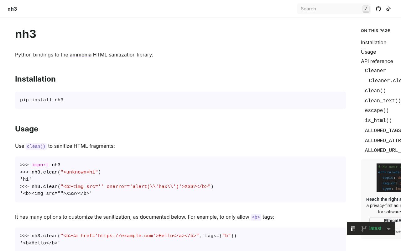 Screenshot of nh3 documentation
