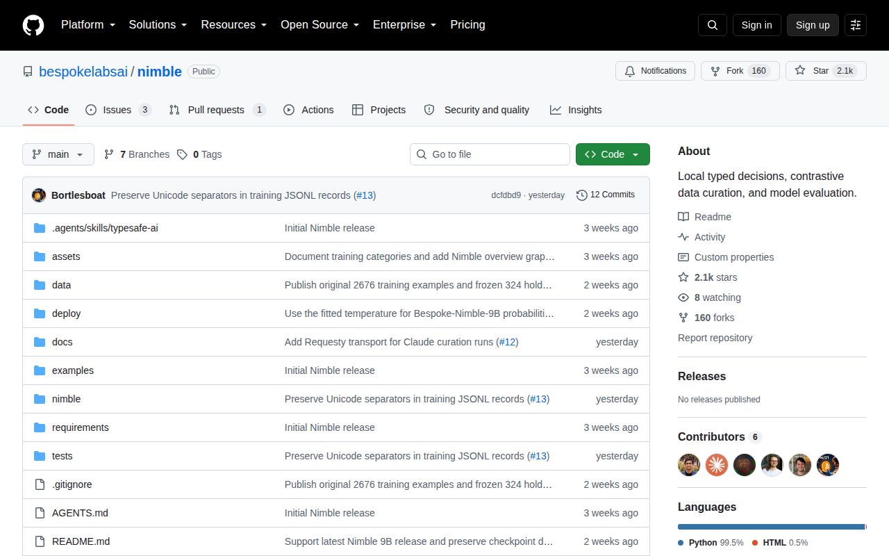 Screenshot of nimble (github.com/bespokelabsai/nimble)