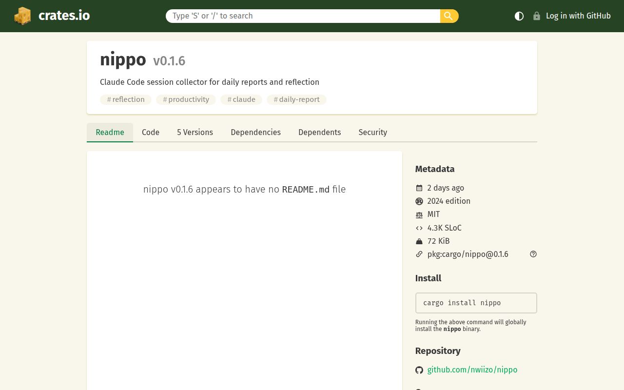 Screenshot of nippo (crates.io/crates/nippo)