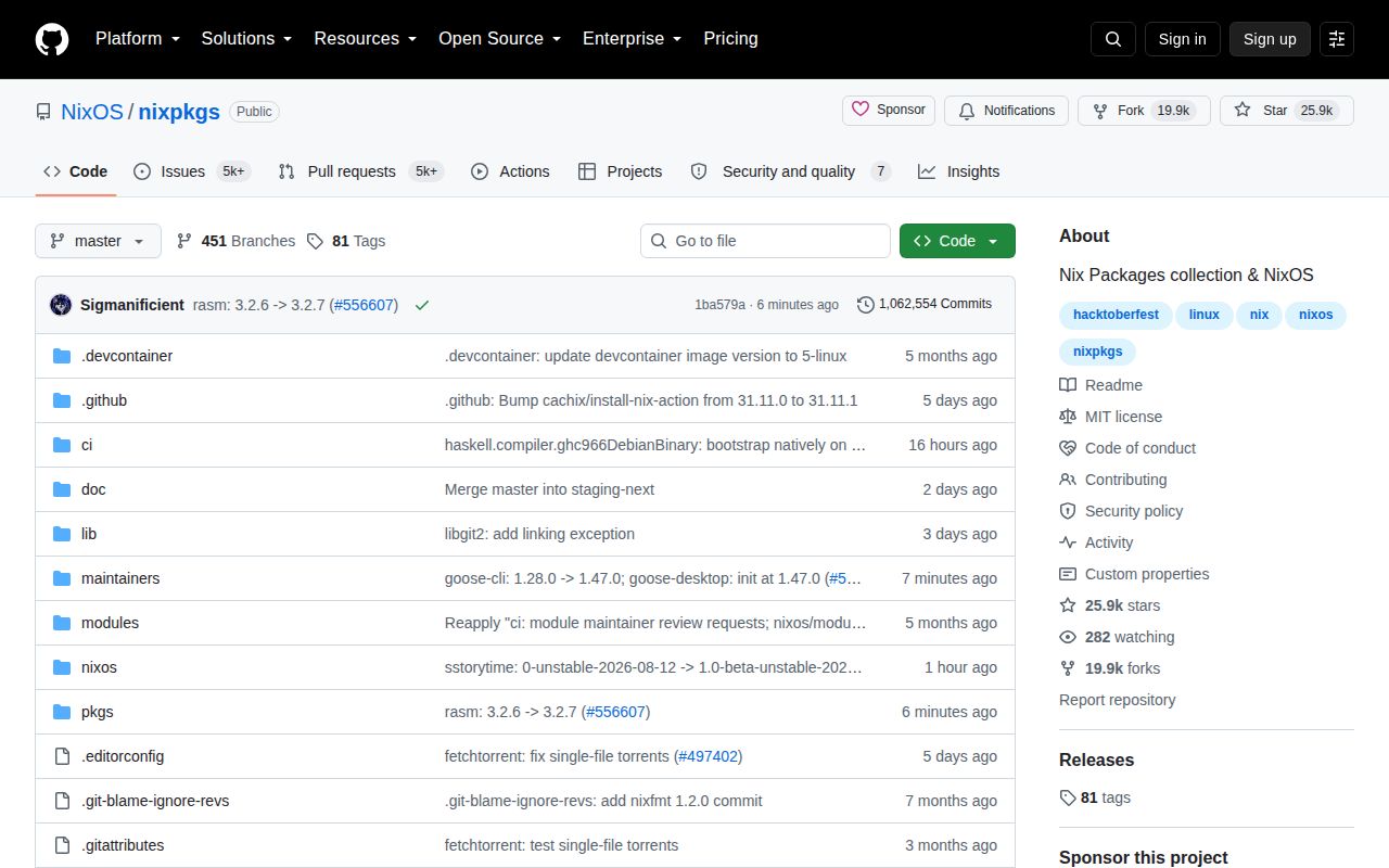 Screenshot of nixpkgs (github.com/NixOS/nixpkgs)