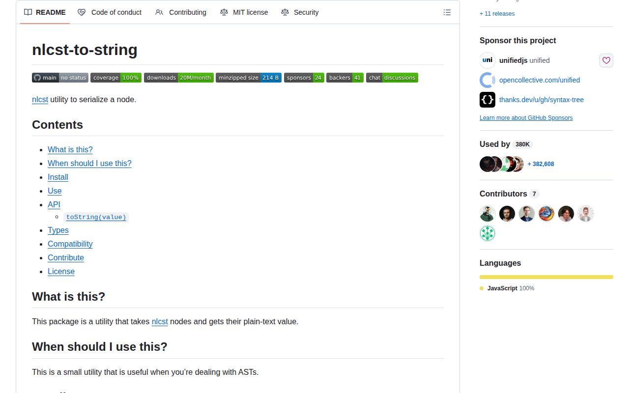 Screenshot of nlcst-to-string documentation