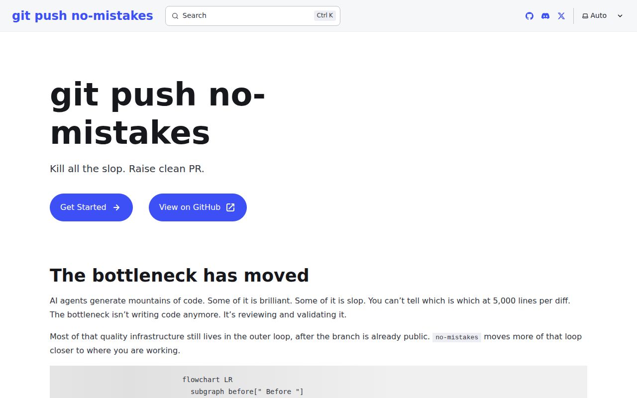 Screenshot of no-mistakes (kunchenguid.github.io/no-mistakes)