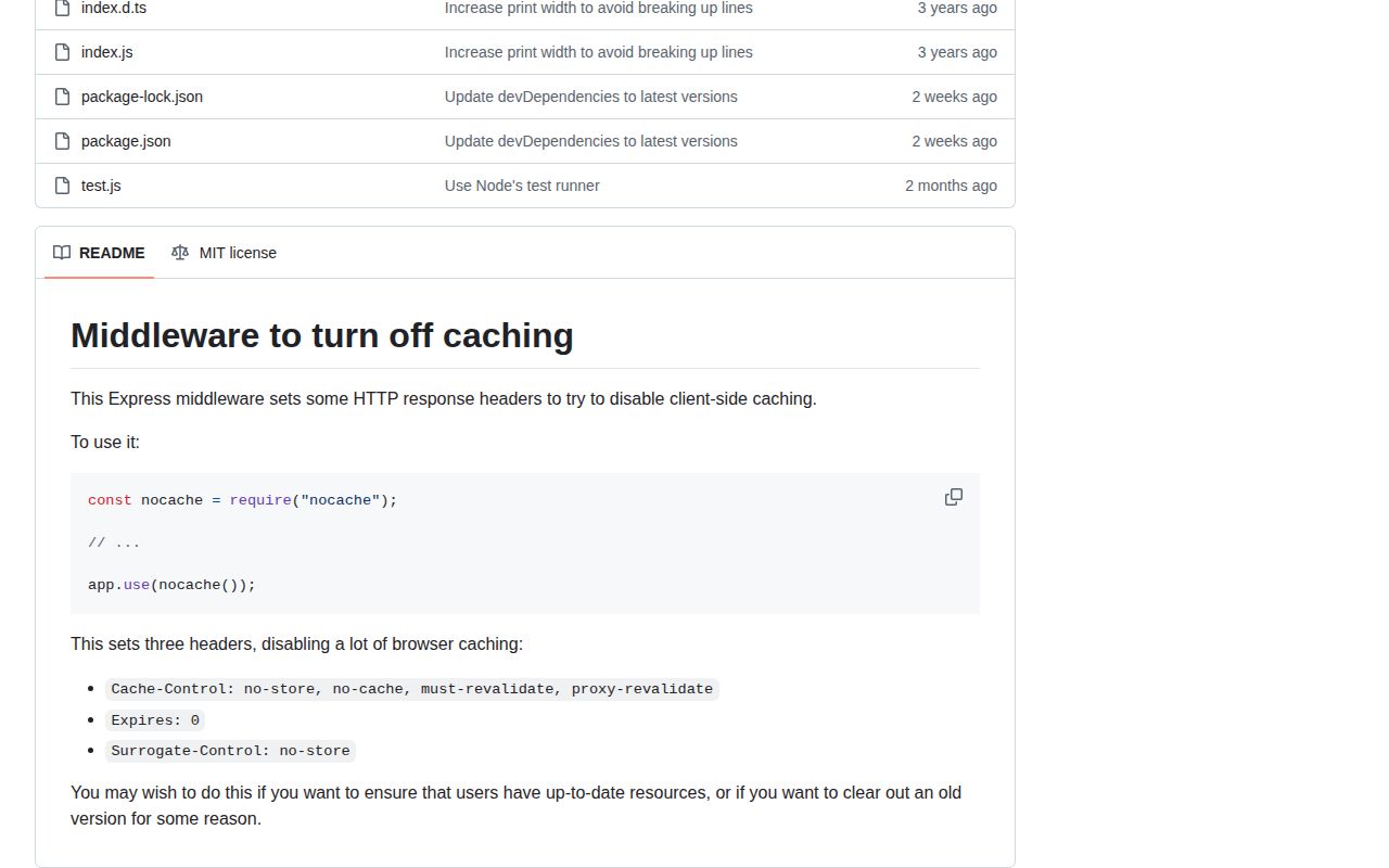 Screenshot of nocache documentation