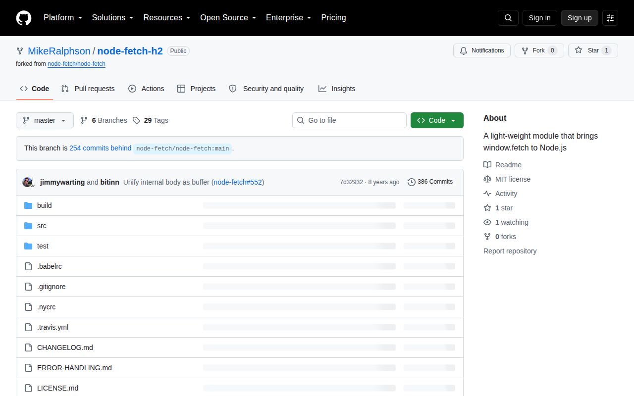 Screenshot of node-fetch-h2 documentation