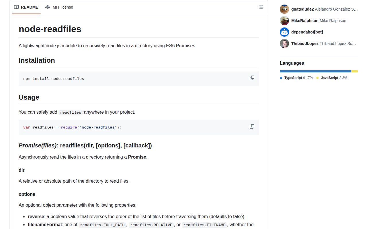 Screenshot of node-readfiles documentation