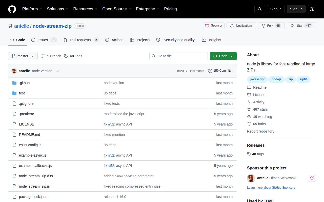 Screenshot of node-stream-zip documentation