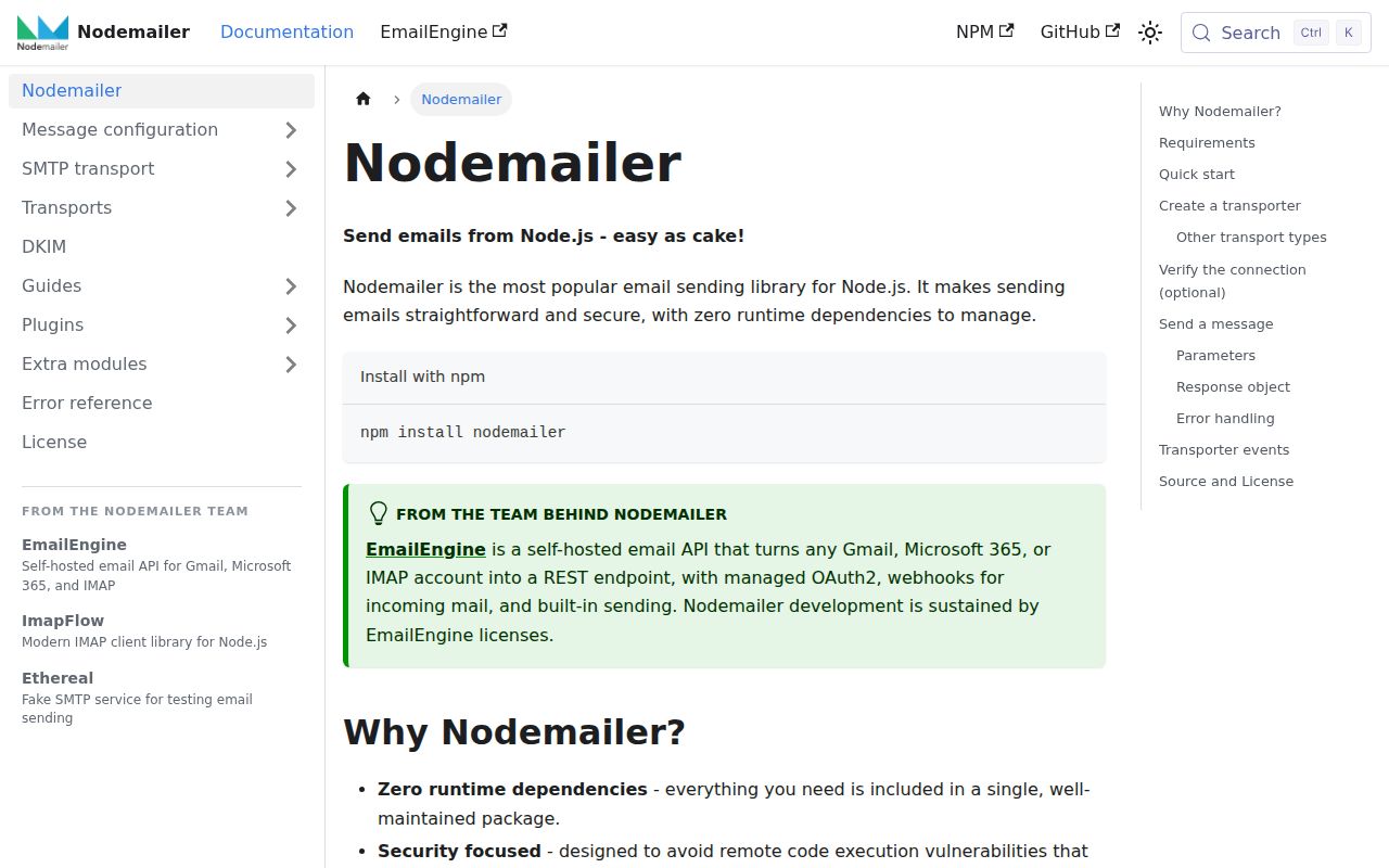 Screenshot of nodemailer documentation
