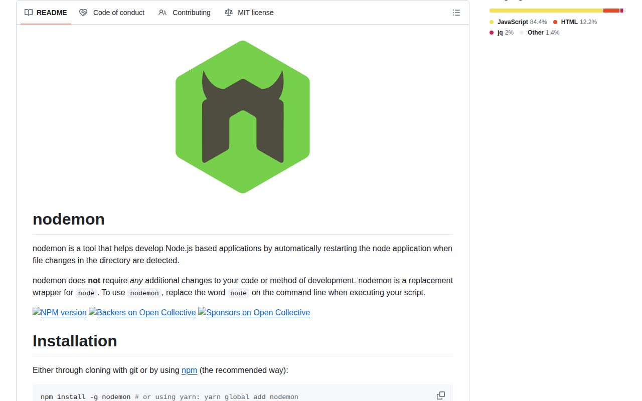 Screenshot of nodemon documentation