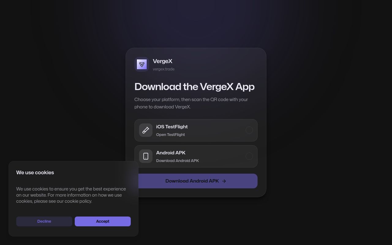 Screenshot of nofx (vergex.trade/download)