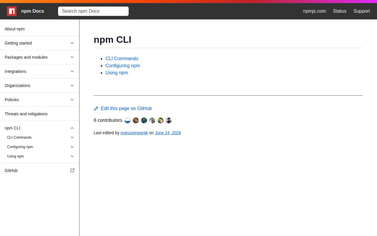 Screenshot of cli (docs.npmjs.com/cli)