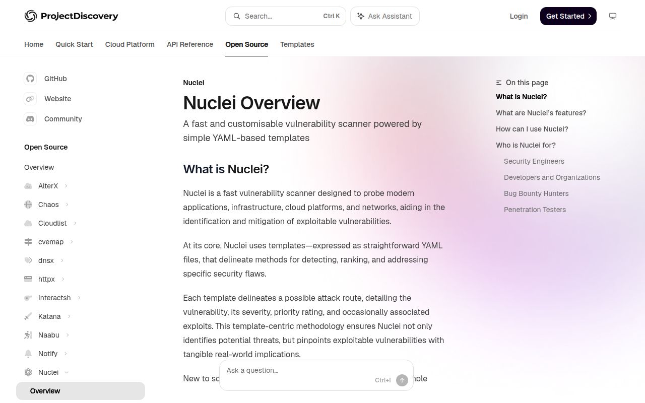 Screenshot of nuclei (docs.projectdiscovery.io/tools/nuclei)