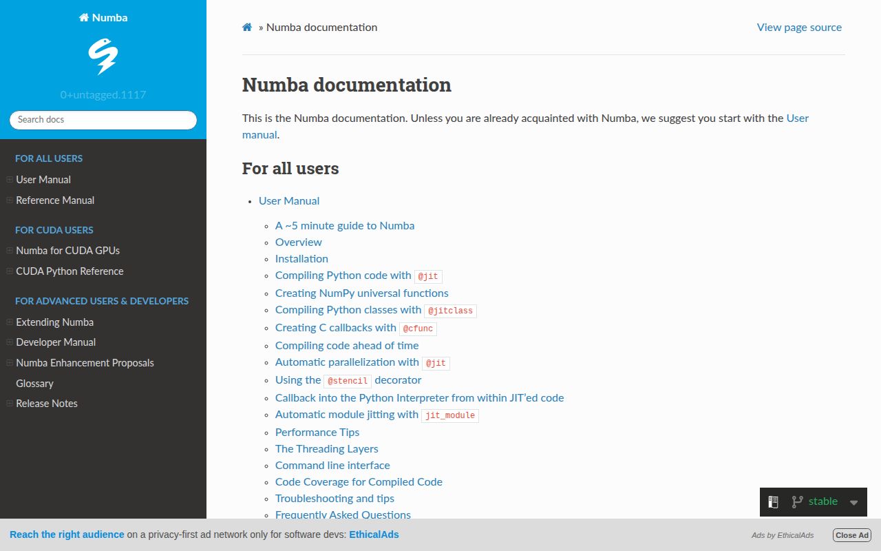 Screenshot of numba documentation