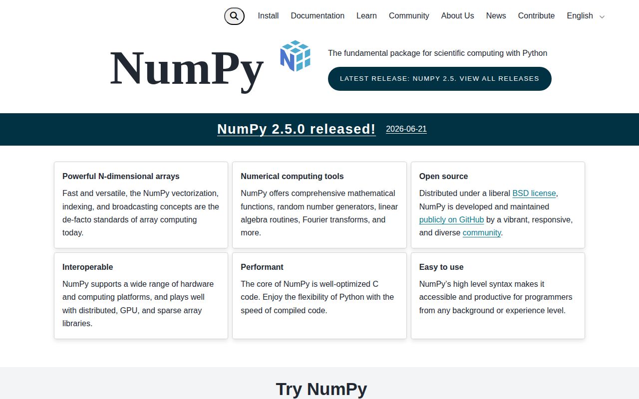 Screenshot of numpy (numpy.org)