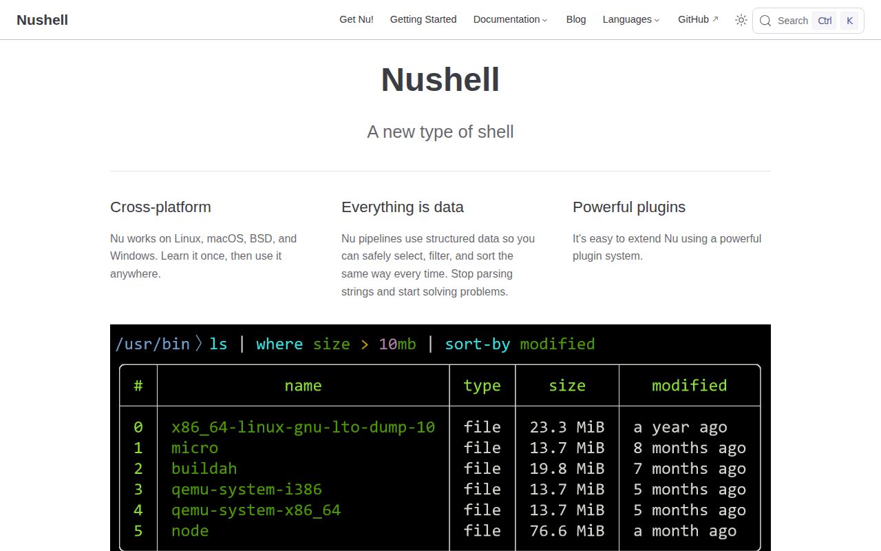Screenshot of nushell (www.nushell.sh)