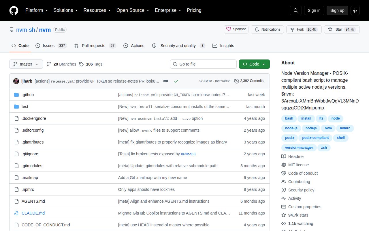 Screenshot of nvm (github.com/nvm-sh/nvm)