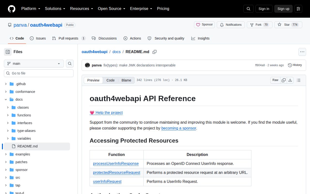 Screenshot of oauth4webapi documentation
