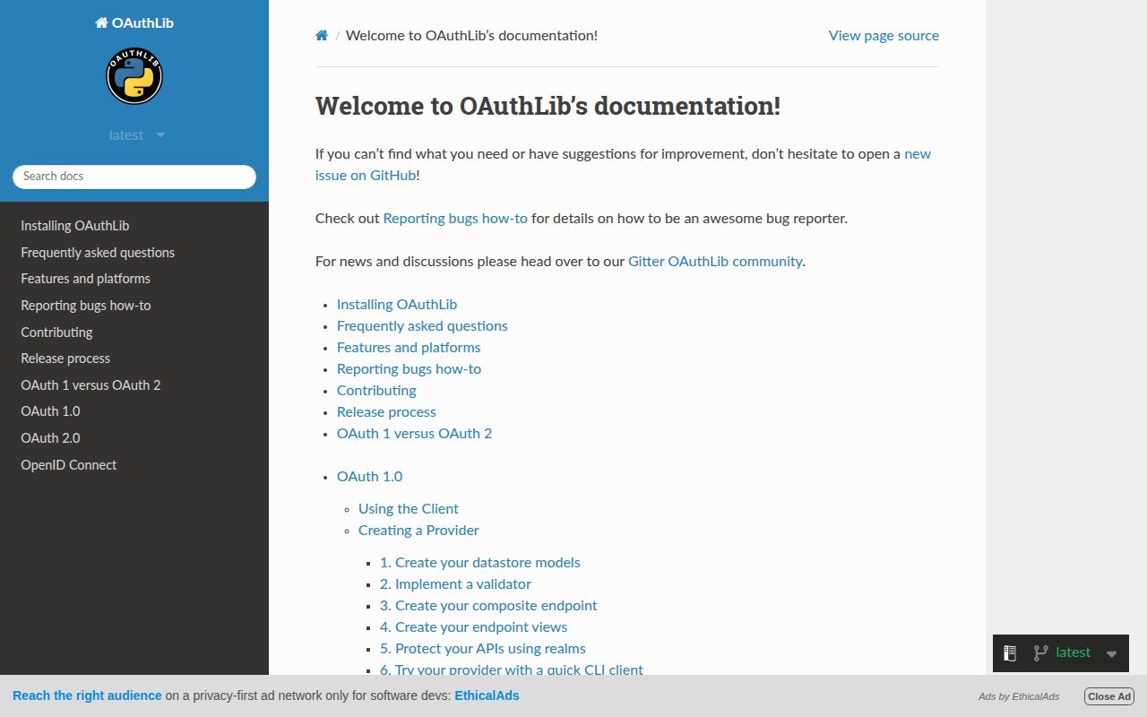 Screenshot of oauthlib documentation