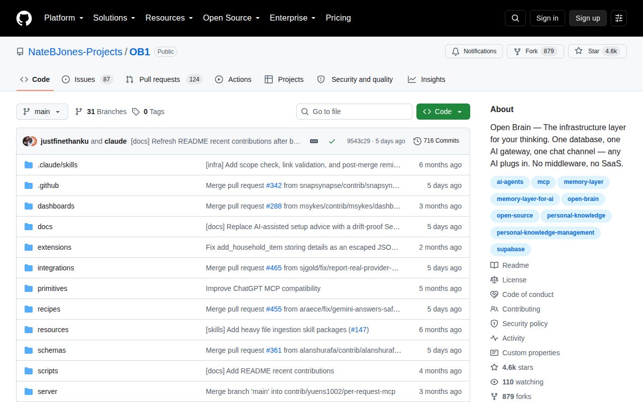 Screenshot of OB1 (github.com/NateBJones-Projects/OB1)
