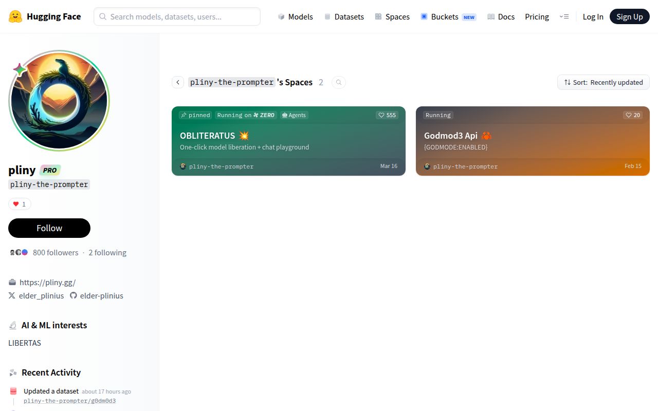 Screenshot of OBLITERATUS (huggingface.co/spaces/pliny-the-prompter)