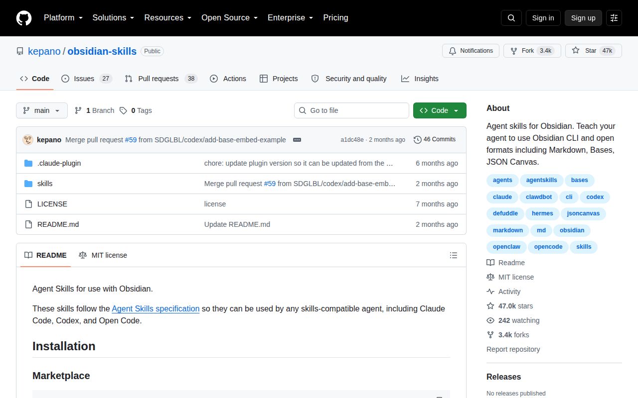 Screenshot of obsidian-skills (github.com/kepano/obsidian-skills)