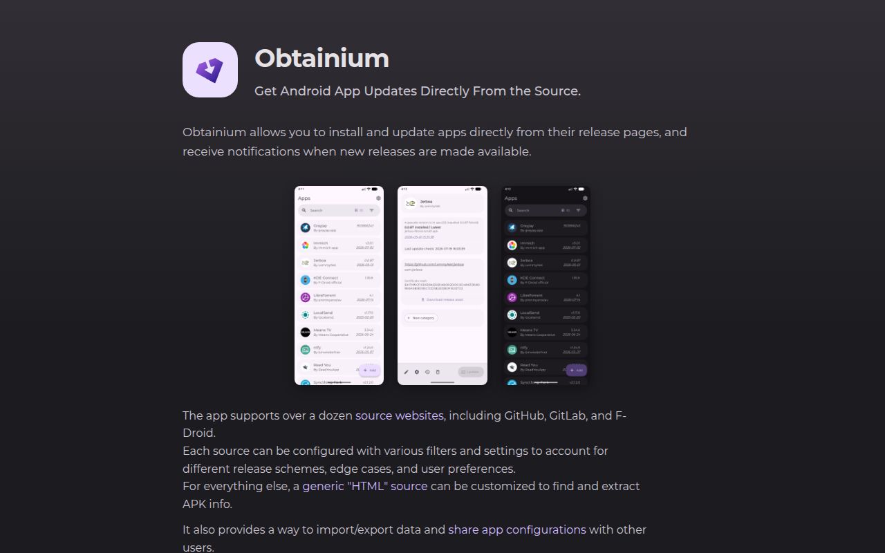 Screenshot of Obtainium (obtainium.imranr.dev)