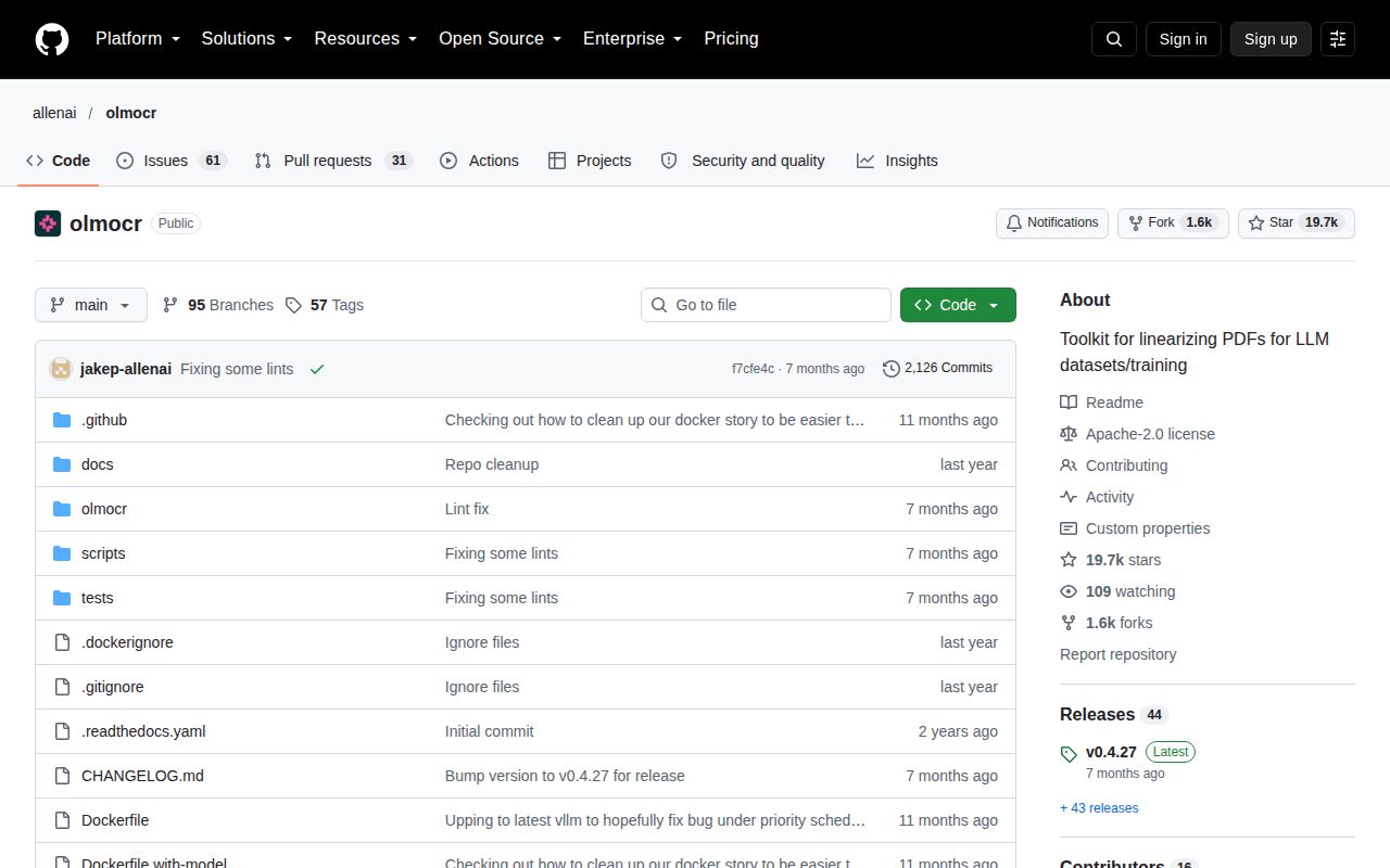 Screenshot of olmocr (github.com/allenai/olmocr)