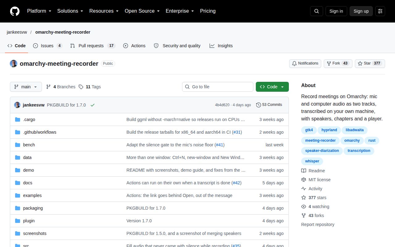 Screenshot of omarchy-meeting-recorder (github.com/jankeesvw/omarchy-meeting-recorder)