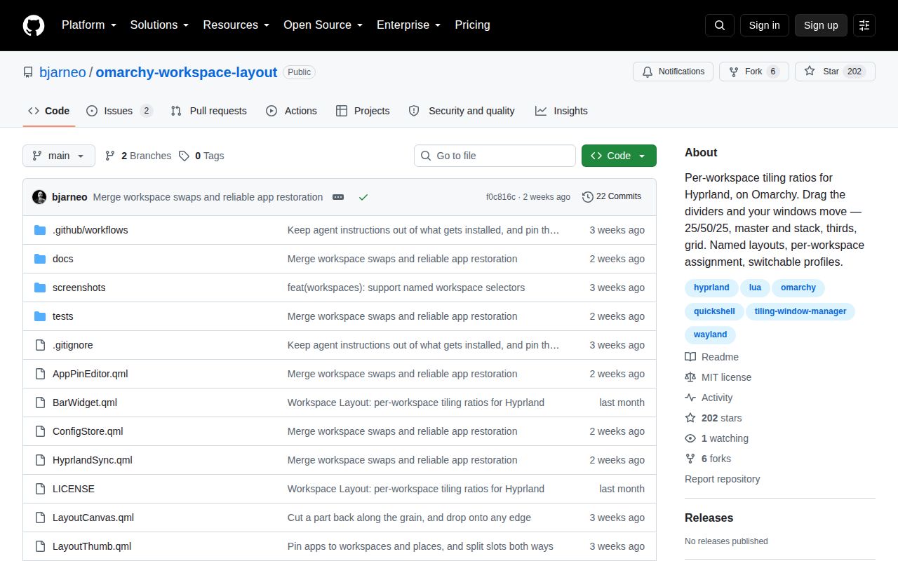 Screenshot of omarchy-workspace-layout (github.com/bjarneo/omarchy-workspace-layout)
