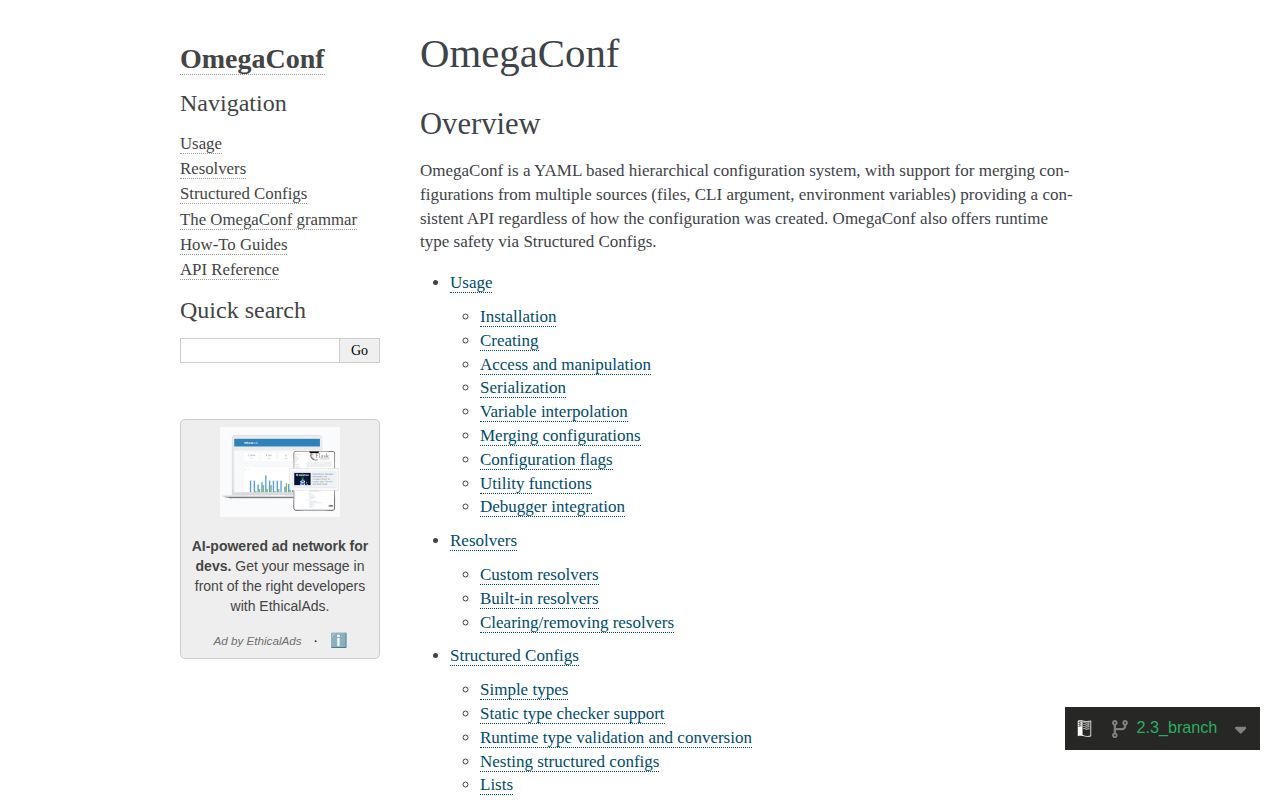 Screenshot of omegaconf documentation
