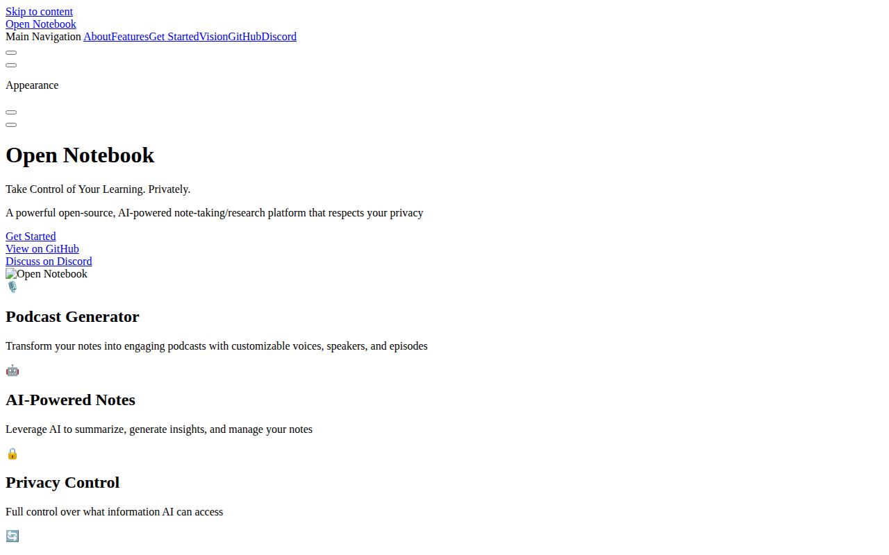 Screenshot of open-notebook (www.open-notebook.ai)