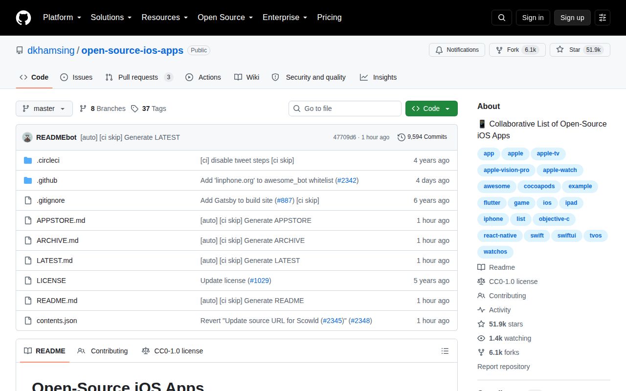 Screenshot of open-source-ios-apps (github.com/dkhamsing/open-source-ios-apps)