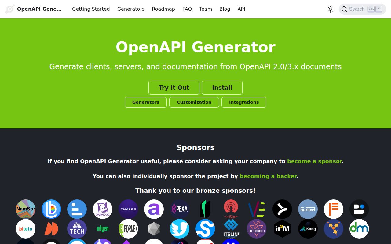 Screenshot of openapi-generator (openapi-generator.tech)