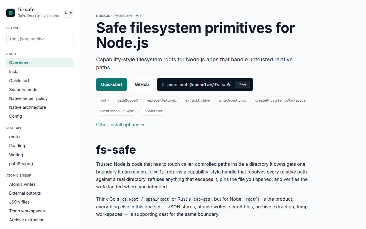 Screenshot of @openclaw/fs-safe documentation