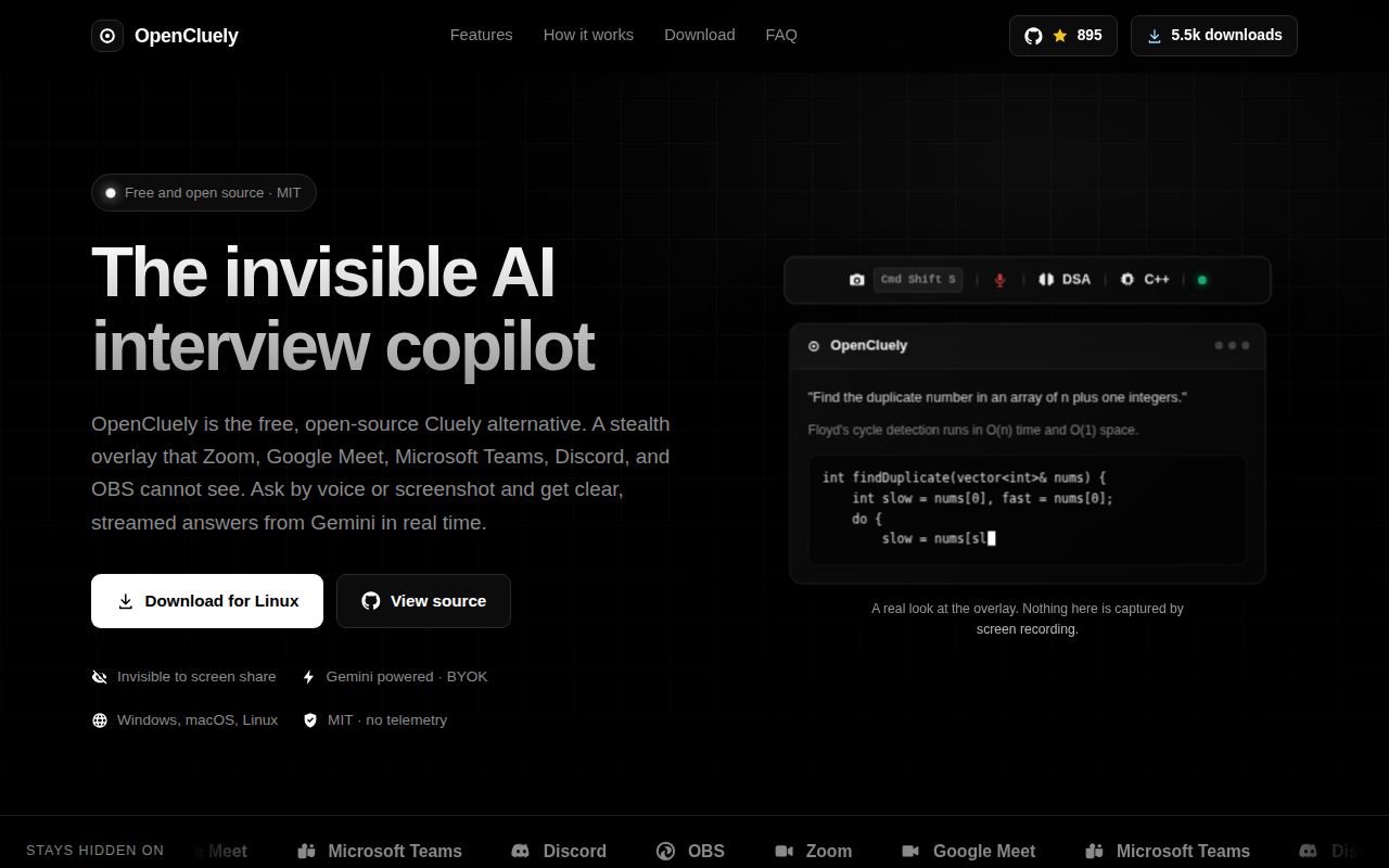 Screenshot of OpenCluely (opencluely.techycsr.dev)