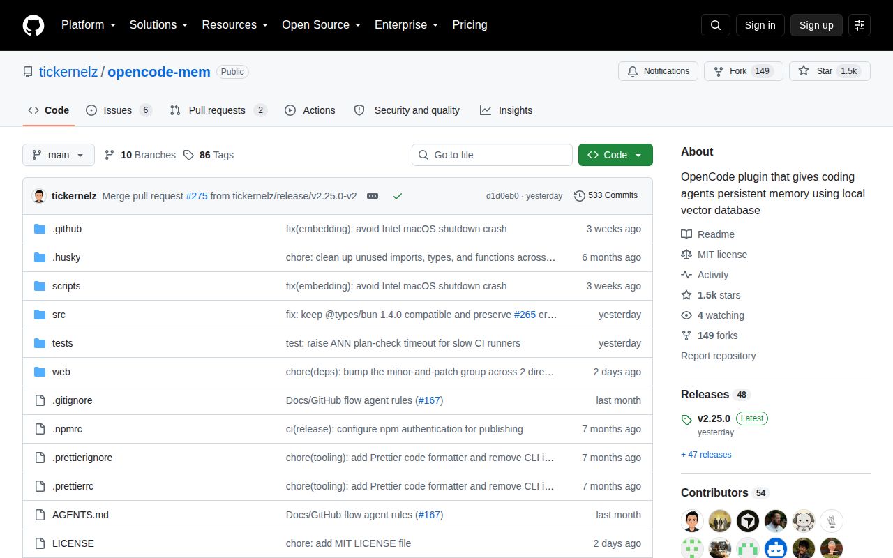 Screenshot of opencode-mem (github.com/tickernelz/opencode-mem)
