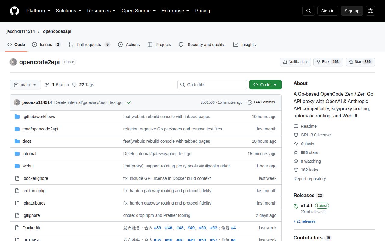 Screenshot of opencode2api (github.com/jasonxu114514/opencode2api)