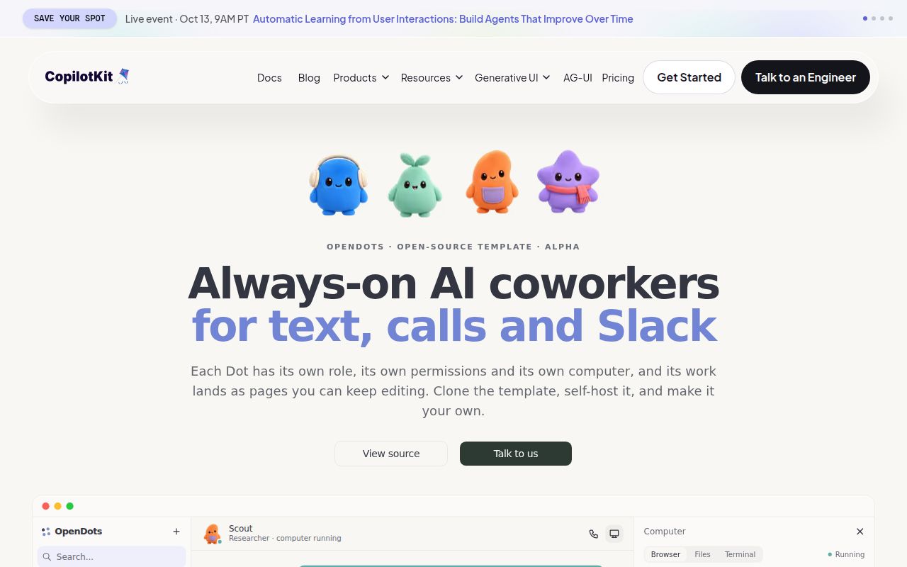 Screenshot of OpenDots (www.copilotkit.ai/opendots)