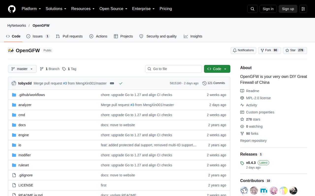 Screenshot of OpenGFW (github.com/HyNetworks/OpenGFW)