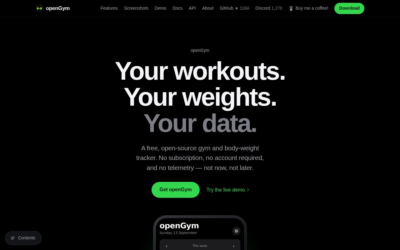 Screenshot of openGym (opengym.duarte-santos.ch)