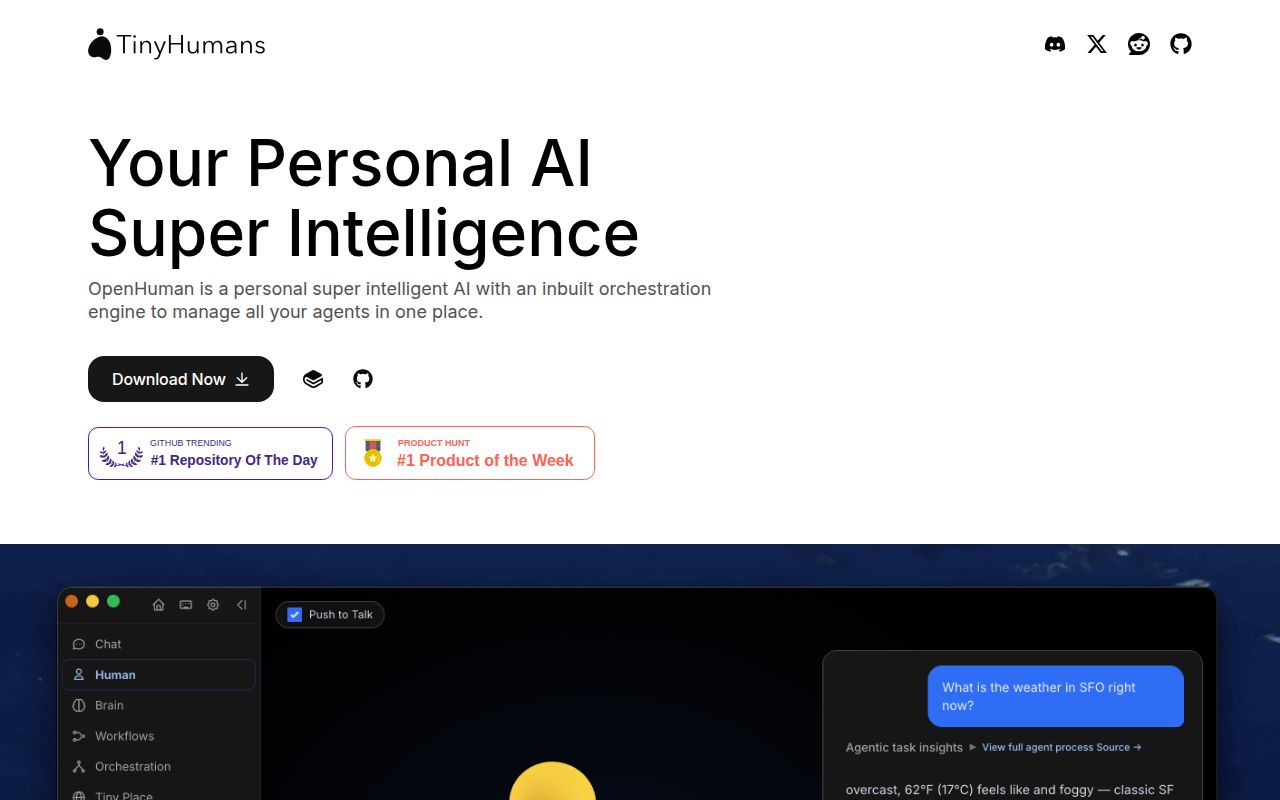 Screenshot of openhuman (tinyhumans.ai/openhuman)