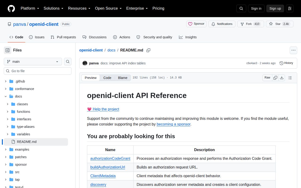 Screenshot of openid-client documentation
