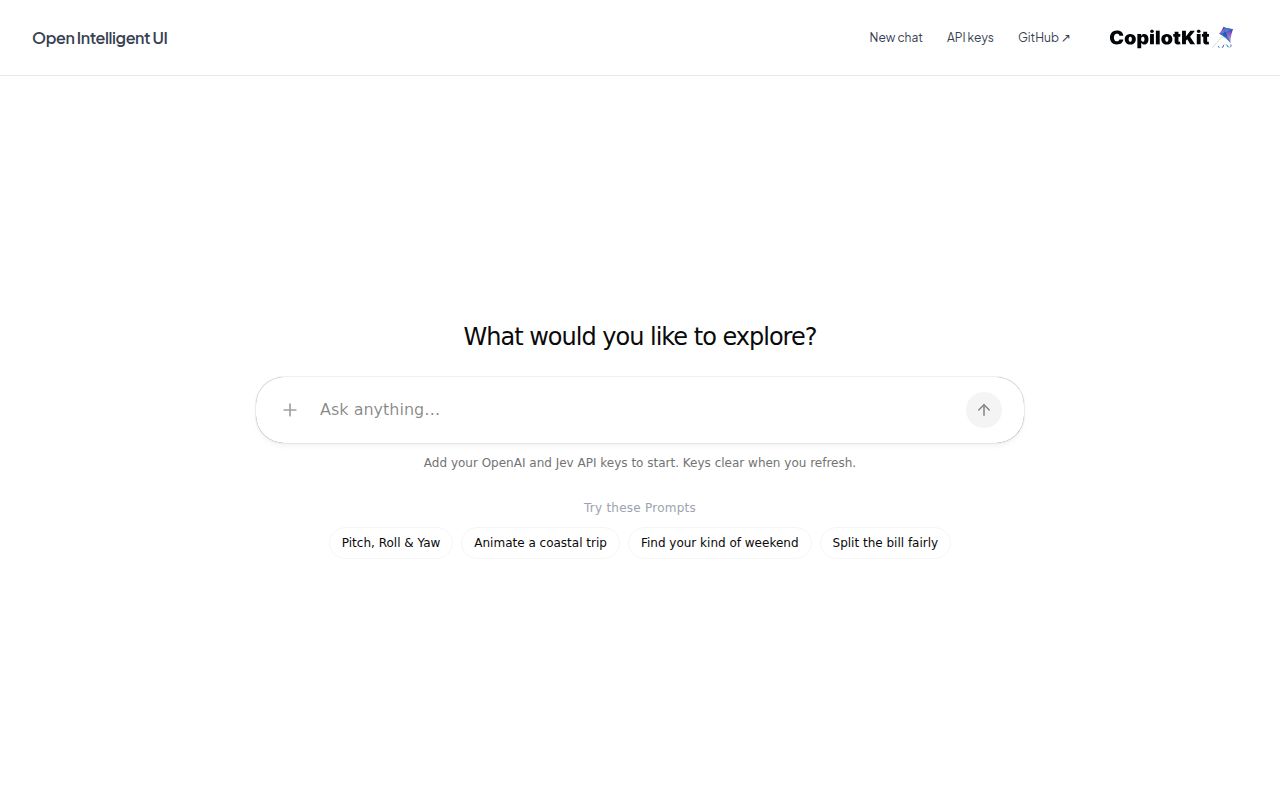 Screenshot of OpenIntelligentUI (opengenerativeui.copilotkit.ai)