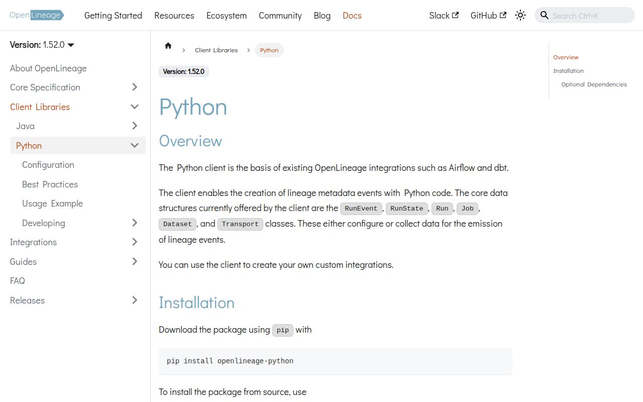 Screenshot of openlineage-python documentation