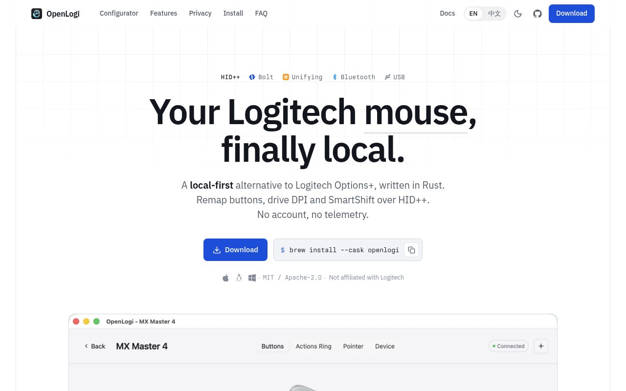 Screenshot of OpenLogi (openlogi.org)
